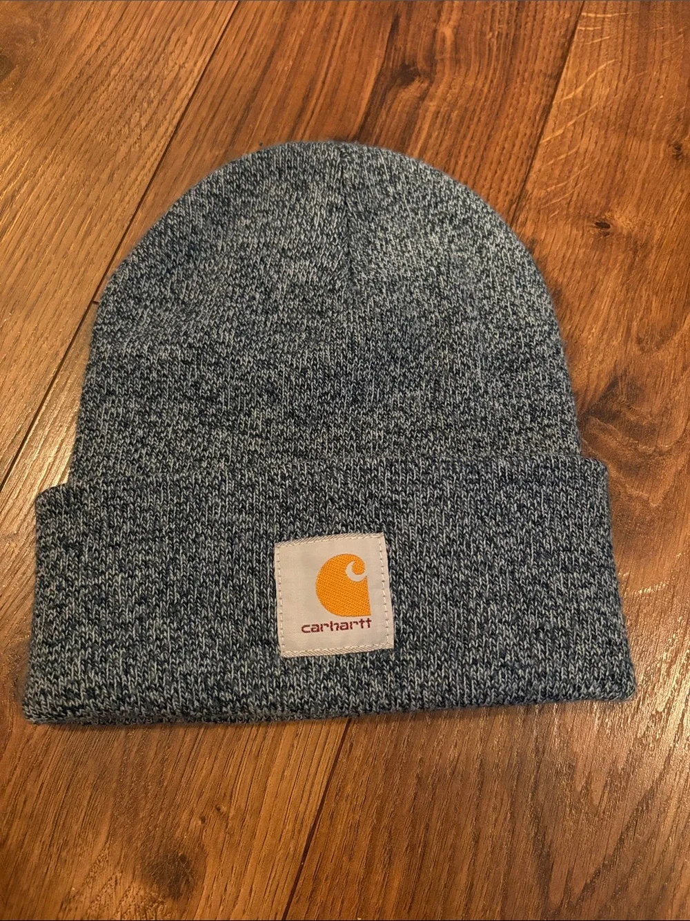Carhartt Gray/Blue Knit Cuffed Beanie with Gold Logo Patch